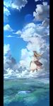  blonde_hair cloud day flying from_behind garnet hat lake long_hair moon scenery sky solo touhou yakumo_yukari 