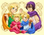  2girls bianca bianca's_daughter bianca's_son blonde_hair blue_eyes braid cape choker dragon_quest dragon_quest_v family hair_over_shoulder happy hero_(dq5) holding_hands multiple_boys multiple_girls shio_(orange_lounge) single_braid smile turban 