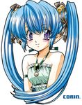  bare_shoulders blue_hair blush dress growlanser growlanser_v hair_bobbles hair_ornament hair_ribbon jewelry korin mi_mori_nana_tsutomu necklace pointy_ears purple_eyes ribbon solo twintails 