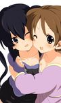  black_hair brown_eyes brown_hair hirasawa_ui hug k-on! long_hair multiple_girls nakano_azusa one_eye_closed short_hair sora_to_umi twintails 