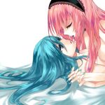  aqua_eyes aqua_hair aqua_nails bad_id bad_pixiv_id blue_nails closed_eyes couple hair_down hairband hatsune_miku holding_hands imminent_kiss long_hair lying megurine_luka mizuki_(koko_lost) multiple_girls nail_polish nude open_mouth pink_hair vocaloid yuri 