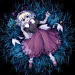  :d blonde_hair bow breasts dress fukaiton full_body grass hair_ribbon hairband looking_at_viewer lowres lying medicine_melancholy on_back open_mouth plant puffy_short_sleeves puffy_sleeves red_bow red_dress ribbon short_hair short_sleeves small_breasts smile solo su-san touhou 