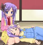  blush casual closed_eyes ear_cleaning hiiragi_kagami hiiragi_tsukasa kiriya_haruhito lap_pillow lucky_star mimikaki multiple_girls necktie overalls purple_hair seiza sitting sleeping 