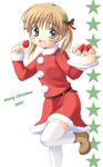  2007 :d belt blonde_hair blue_eyes blush boots cake christmas food fruit hair_ornament koyuki_(2smj) leg_up looking_at_viewer merry_christmas open_mouth original santa_costume simple_background smile solo star strawberry thighhighs twintails white_background white_legwear 