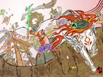  6+girls amaterasu animal geta highres issun multiple_boys multiple_girls ookami_(game) sakuya_(ookami) susanoo_(ookami) tengu-geta torii ushiwakamaru wallpaper watermark weaponized_instrument wolf 