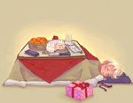  cake cellphone cushion food fruit gift kotatsu mandarin_orange original pastry phone sleeping solo table weno weno's_blonde_original_character zabuton 