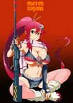  belt bikini_top boota boots breasts cameltoe cleavage copyright_name elbow_gloves fingerless_gloves gloves gun hair_ornament hair_stick kamitsuki_manmaru large_breasts long_hair midriff ponytail red_hair rifle scarf short_shorts shorts sitting skull tengen_toppa_gurren_lagann thighhighs underboob very_long_hair weapon yellow_eyes yoko_littner 