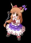  :d bangs blue_skirt blunt_bangs bow bowtie brown_eyes chain cuffs fukaiton hair_bow horns ibuki_suika layered_skirt long_hair looking_at_viewer oni open_mouth orange_hair red_bow red_neckwear shackles skirt smile solo standing touhou very_long_hair 