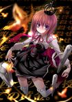  black_dress blue_eyes dress fire flame frills full_body head_tilt juliet_sleeves kneeling leg_garter long_sleeves looking_at_viewer pink_hair puffy_long_sleeves puffy_sleeves short_hair solo thighhighs umineko_no_naku_koro_ni ushiromiya_maria utsurogi_angu white_legwear zettai_ryouiki 