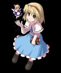  alice_margatroid black_background blonde_hair blue_dress book brown_eyes capelet doll dress fairy_wings flying frills fukaiton grimoire grimoire_of_alice holding holding_book lowres shanghai_doll short_hair simple_background solo touhou weapon wings 