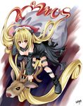  black_cat_(series) blonde_hair christmas detached_sleeves eve_(black_cat) hair_intakes long_hair red_eyes reindeer solo thigh_strap tomusooya very_long_hair 