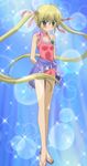  arms_behind_back blonde_hair blue_sarong blush casual_one-piece_swimsuit choker green_eyes hair_ribbon halterneck hayate_no_gotoku! highres lens_flare lens_flare_abuse long_hair non-web_source one-piece_swimsuit ribbon ribbon_choker sandals sanzen'in_nagi sarong screencap solo stitched swimsuit third-party_edit twintails 