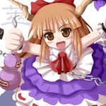  :d blush bottle breasts chain eyebrows eyebrows_visible_through_hair frills fukaiton gourd holding horns ibuki_suika looking_at_viewer lowres open_mouth outstretched_arms sidelocks simple_background small_breasts smile solo touhou v-shaped_eyebrows white_background wrist_cuffs 