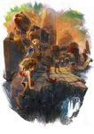  2girls climbing copyright_request fantasy highres multiple_boys multiple_girls ruins taiki_(luster) 