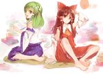  arm_behind_back armpits ascot bare_shoulders barefoot blue_skirt book bow brown_eyes brown_hair detached_sleeves feet frilled_bow frilled_hair_tubes frills frog_hair_ornament full_body green_hair hair_bow hair_ornament hair_tubes hakurei_reimu kochiya_sanae long_hair looking_at_viewer looking_back multiple_girls nokishita open_book open_mouth polka_dot red_bow red_ribbon red_shirt red_skirt ribbon ribbon-trimmed_sleeves ribbon_trim shirt sitting skirt sleeveless sleeveless_shirt snake_hair_ornament touhou wariza white_background white_collar white_sleeves yellow_eyes yellow_neckwear 