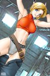  arikawa armpits arms_up belt blonde_hair blue_eyes blue_mary breasts cameltoe covered_nipples fatal_fury fingerless_gloves gloves grey_panties halterneck highres large_breasts loose_belt midriff panties short_hair smile snk solo sweat the_king_of_fighters underwear undressing 