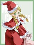  :d august_(coyote_ragtime_show) braid capelet christmas cowboy_shot coyote_ragtime_show dress frills fur_trim hair_ornament hair_scrunchie hat holding looking_at_viewer open_mouth red_capelet red_dress sack santa_costume santa_hat scrunchie smile solo takano_natsuki twin_braids 
