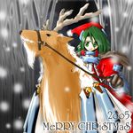  1girl 2005 antlers bell christmas female forest gloves green_eyes green_hair hat lowres merry_christmas nature outdoors reindeer riding santa_costume santa_hat santa_suit snow solo tree 