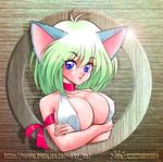  1girl akira_m animal_ears breasts cat_ears catgirl green_hair solo 