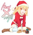  bobblehat boots box brown_footwear christmas full_body gift gift_box hat knee_boots looking_at_viewer nakatomi_ryou original pom_pom_(clothes) santa_costume santa_hat simple_background sitting solo thighhighs wariza white_background 