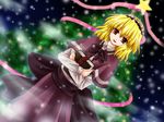  :d alice_margatroid alternate_color artist_request black_dress blonde_hair book capelet christmas christmas_tree dress dutch_angle frills fur_trim holding holding_book looking_at_viewer maid_headdress open_mouth red_dress red_eyes santa_costume smile solo star touhou 