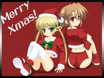  blonde_hair brown_hair buruma cameltoe christmas folded_ponytail green_eyes hat hayate_no_gotoku! long_hair maria_(hayate_no_gotoku!) masakichi_(crossroad) multiple_girls red_eyes santa_costume santa_hat sanzen'in_nagi thighhighs twintails 