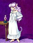  1girl animal_ears barefoot bewildered cat_ears catgirl solo standing tail traditional_media 