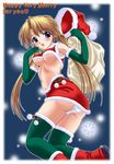  bell blonde_hair blush breasts christmas elbow_gloves gloves green_gloves green_legwear hat long_hair looking_at_viewer medium_breasts panties pantyshot purple_eyes revealing_clothes sack sakuya_(sister_princess) santa_costume santa_hat sister_princess skirt solo thighhighs twintails underboob underwear white_panties yumeori_amu 