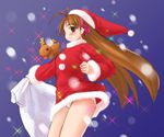  antenna_hair blush brown_eyes brown_hair christmas dress hat itsudatte_my_santa! kasuga_yukihito long_hair mai_(itsudatte_my_santa) panties pantyshot pantyshot_(standing) red_dress reindeer sack santa_costume santa_hat smile snowing solo standing underwear white_panties 