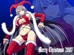  breasts christmas cleavage iga_tomoteru medium_breasts midriff original santa_costume solo thighhighs zoom_layer 