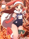  black_school_swimsuit boots brown_hair christmas gloves hat io_takuya long_hair name_tag one-piece_swimsuit original red_eyes red_gloves sack santa_costume santa_hat school_swimsuit solo swimsuit 