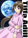  after_war_gundam_x blue_eyes brown_hair character_name cowboy_shot earth gundam hand_on_own_arm hanzou holding_arm long_hair long_sleeves looking_at_viewer lowres pink_skirt planet ponytail purple_eyes skirt smile solo space sweater text_focus tiffa_adill 