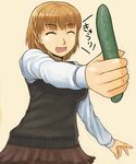  :d brown_hair cucumber itou_(onsoku_tassha) open_mouth original school_uniform short_hair smile solo sweater_vest translated vest 