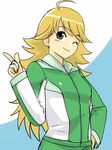  ;) blonde_hair closed_mouth flat_chest green_eyes hand_on_hip hoshii_miki idolmaster idolmaster_(classic) idolmaster_1 index_finger_raised jacket long_hair long_sleeves looking_at_viewer michael one_eye_closed smile solo track_jacket upper_body 