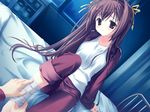  bandages bed blush bra-ban! brown_eyes brown_hair dutch_angle game_cg gym_uniform hair_ribbon kobuichi long_hair nakanoshima_tae ribbon sitting solo_focus 