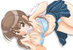  artist_request blue_bra blue_panties bra breast_suppress breasts brown_eyes brown_hair kimi_kiss large_breasts lingerie mizusawa_mao mouth_hold panties solo underwear 