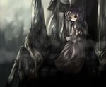  bangs bat_wings brown_eyes closed_mouth dark dress expressionless lonely looking_at_viewer muted_color outdoors overgrown ph. pink_dress plant purple_hair railing remilia_scarlet short_hair short_sleeves solo stairs touhou vines wings 
