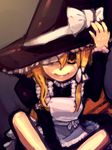  apron blonde_hair bow closed_mouth hajimenimodoru hat hat_bow kirisame_marisa long_sleeves looking_at_viewer side_ponytail sitting solo touhou white_bow witch_hat yellow_eyes 