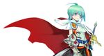  ahoge armor blue_eyes cape copyright_request green_hair ninomoto short_hair solo sword weapon 