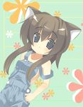  animal_ears bare_shoulders blue_eyes buttons cat_ears collarbone dutch_angle eyebrows eyebrows_visible_through_hair green_background hands_on_hips looking_at_viewer omiso_(omiso) original overalls simple_background solo 