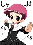  :o bangs black_dress blunt_bangs blush chibi dress izuno_kenta long_sleeves looking_at_viewer lowres lyrical_nanoha mahou_shoujo_lyrical_nanoha_strikers open_hands outstretched_arms outstretched_wrists palms parted_lips partially_translated purple_eyes red_hair schach_nouera simple_background solo spread_arms translation_request white_background 