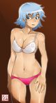  blue_eyes blue_hair bra breasts cleavage kosame_daizu lingerie lips medium_breasts navel original panties pink_panties solo underwear underwear_only 