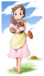  70s alps_no_shoujo_heidi apron bag barasui barefoot blush bread brown_eyes brown_hair cloud day dress food full_body grass heidi loaf_of_bread oldschool open_mouth outdoors pink_dress short_hair simple_background sky solo walking white_background world_masterpiece_theater 