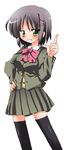  &gt;:) aizawa_sakuya black_hair black_legwear blazer blush bow bowtie futaru_usagi green_eyes grin hair_ornament hairpin hand_on_hip hayate_no_gotoku! index_finger_raised jacket long_sleeves pleated_skirt school_uniform short_hair skirt smile solo thighhighs v-shaped_eyebrows white_background 