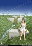  awatake_takahiro barefoot copyright_request dam day dress landscape river scenery sitting sky solo 