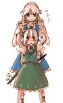  annoyed arms_up embarrassed frown izayoi_sakuya konpaku_youmu maid multiple_girls ribbon smile sweatdrop sword takishima_asaka touhou weapon 