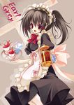  :o apron black_dress black_hair blush bow bowtie cup dress frills kannon_ouji liquid maid maid_headdress open_mouth original ponytail puffy_short_sleeves puffy_sleeves red_bow red_eyes red_neckwear short_hair short_sleeves solo standing tea tray 