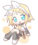  :o arm_warmers bangs belt black_shorts blonde_hair blouse blue_eyes bow chibi full_body hair_bow hair_ornament hairclip headphones kagamine_rin leg_warmers long_hair microphone mirai_(sugar) number ribbon sailor_collar short_hair shorts sleeveless solo swept_bangs tattoo vocaloid white_blouse white_bow yellow_ribbon 