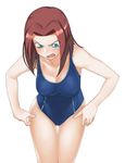  a1 angry aqua_eyes ashford_academy_swimsuit blue_swimsuit blush breasts brown_hair code_geass green_eyes highres kallen_stadtfeld large_breasts long_hair one-piece_swimsuit print_swimsuit pubic_hair red_hair school_swimsuit short_hair simple_background single_vertical_stripe solo sweat swimsuit thigh_gap white_background 