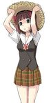  adjusting_headwear amami_haruka arms_up bolo_tie brown_hair brown_skirt green_eyes hat idolmaster idolmaster_(classic) idolmaster_1 miniskirt oekaki plaid plaid_skirt pleated_skirt red_neckwear school_uniform short_hair short_sleeves simple_background skirt solo standing straw_hat sweat takayaki white_background 